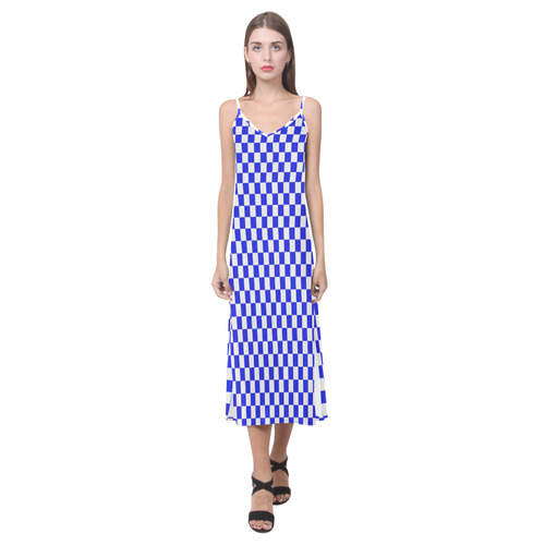 Bright Blue Gingham V-Neck Open Fork Long Dress(Model D18)