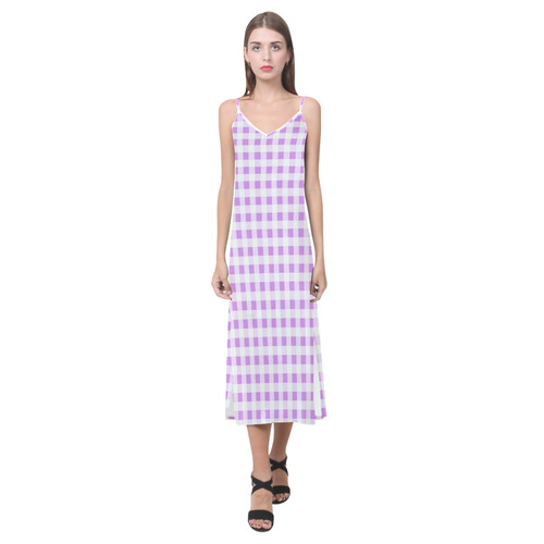 Lavender Gingham V-Neck Open Fork Long Dress(Model D18)
