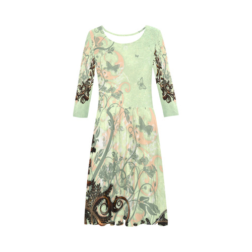 Flower power on soft green background Elbow Sleeve Ice Skater Dress (D20)