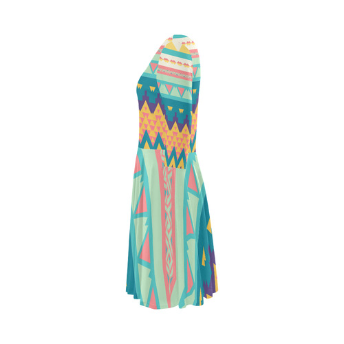 Pastel tribal design Elbow Sleeve Ice Skater Dress (D20)