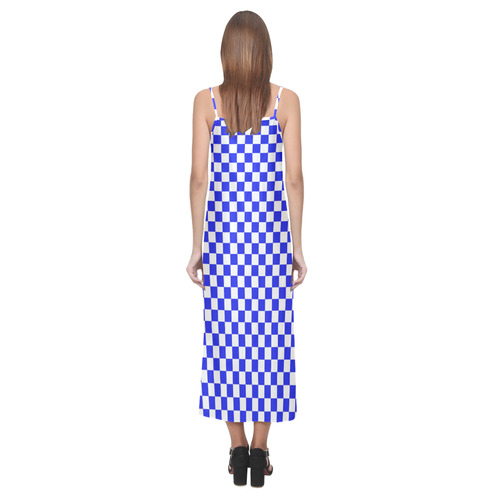 Bright Blue Gingham V-Neck Open Fork Long Dress(Model D18)