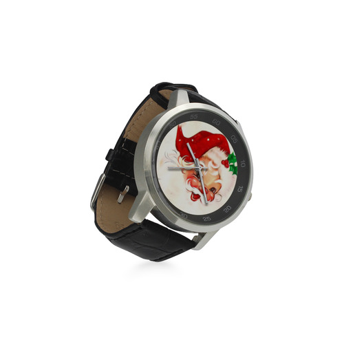 A cute vintage Santa Claus with a mistletoe Unisex Stainless Steel Leather Strap Watch(Model 202)