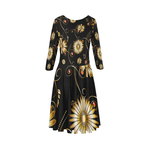 Flowers in golden colors Elbow Sleeve Ice Skater Dress (D20)