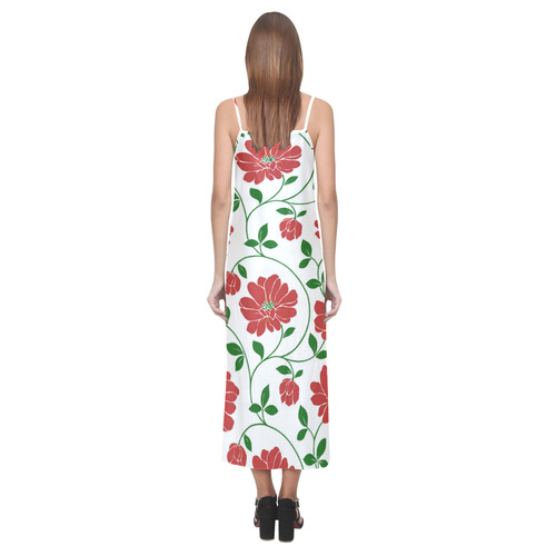 Red Flowers Vintage Floral Wallpaper V-Neck Open Fork Long Dress(Model D18)