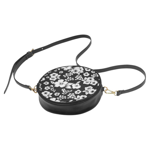 Fine Flowers Pattern Solid Black White Round Sling Bag (Model 1647)