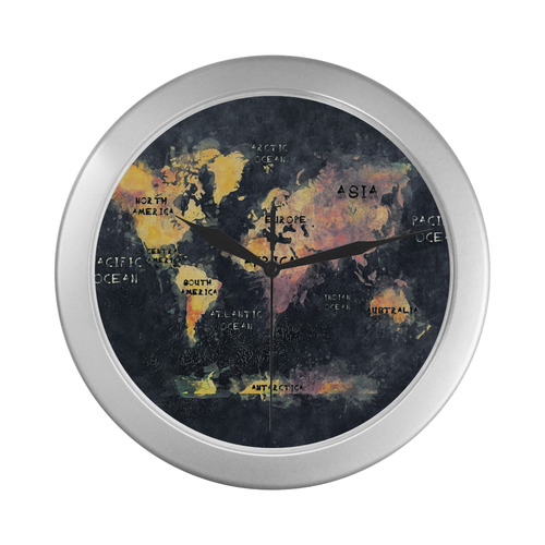 world map OCEANS and continents Silver Color Wall Clock