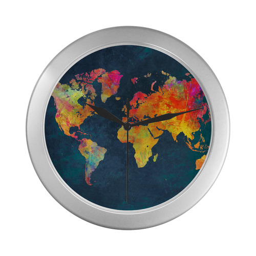 world map 16 Silver Color Wall Clock