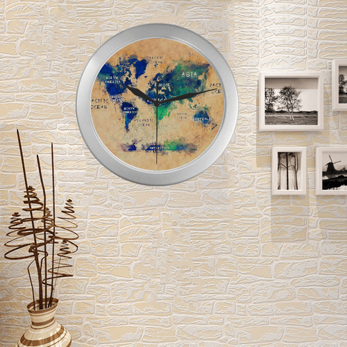 world map OCEANS and continents Silver Color Wall Clock