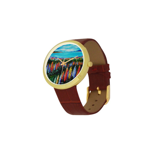 Lake Tekapo Lupins Women's Golden Leather Strap Watch(Model 212)