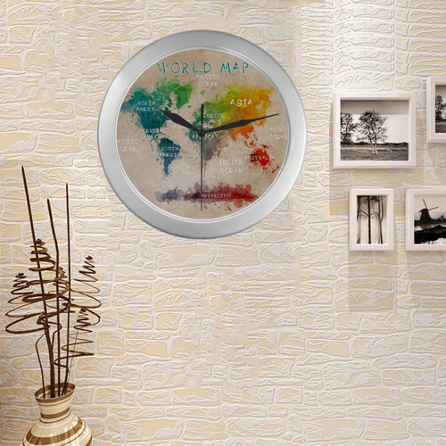 world map Silver Color Wall Clock