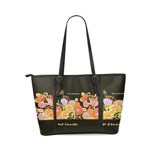 pop flowers Leather Tote Bag/Small (Model 1640)