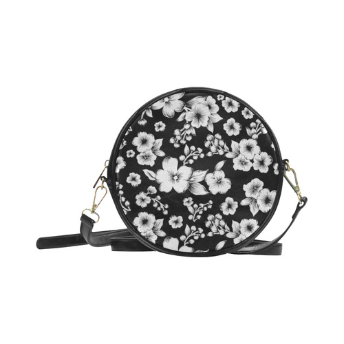 Fine Flowers Pattern Solid Black White Round Sling Bag (Model 1647)