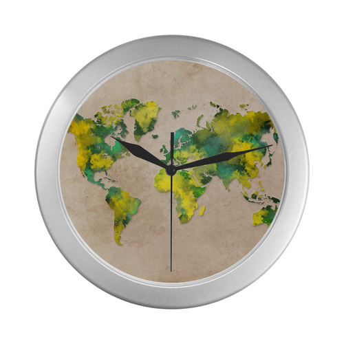 world map 11 Silver Color Wall Clock