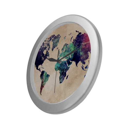 world map Silver Color Wall Clock