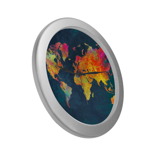 world map 16 Silver Color Wall Clock
