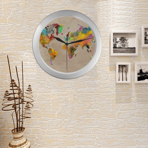 world map 17 Silver Color Wall Clock