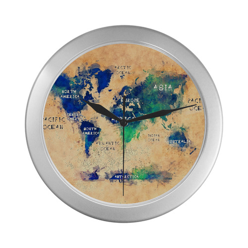 world map OCEANS and continents Silver Color Wall Clock
