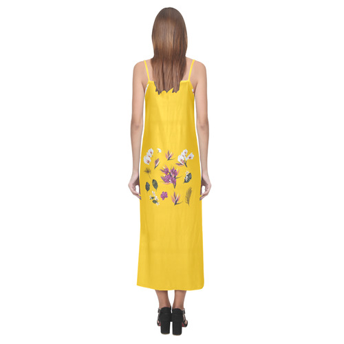 New artistic Dress in our Atelier : old-yellow and hand-drawn asia floral art 2016 V-Neck Open Fork Long Dress(Model D18)