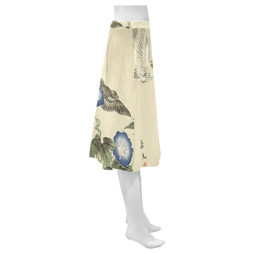 Oriental Birds and blue flowers, Japanese woodcut, Mnemosyne Women's Crepe Skirt (Model D16)