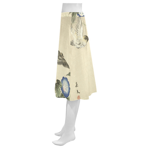 Oriental Birds and blue flowers, Japanese woodcut, Mnemosyne Women's Crepe Skirt (Model D16)