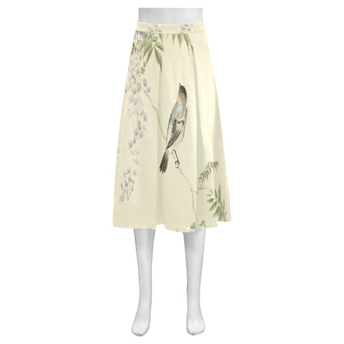 Oriental Bird purple flowers, Japanese woodcut, Mnemosyne Women's Crepe Skirt (Model D16)