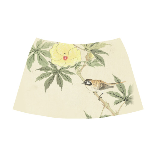 Bird with yellow flowers, oriental Woodcut Print Mnemosyne Women's Crepe Skirt (Model D16)