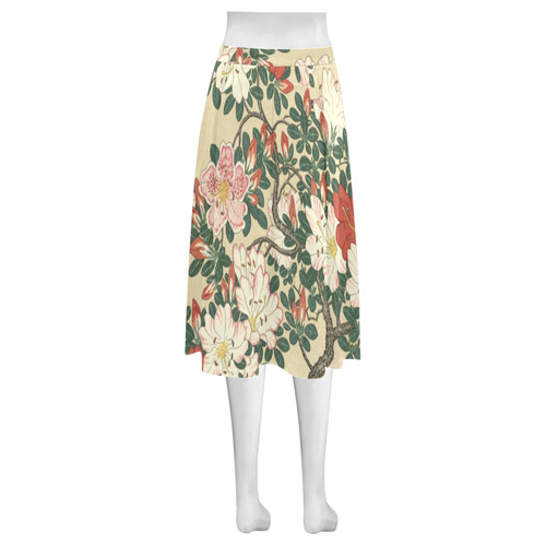 Azalea flowers, Japanese woodcut print, Mnemosyne Women's Crepe Skirt (Model D16)