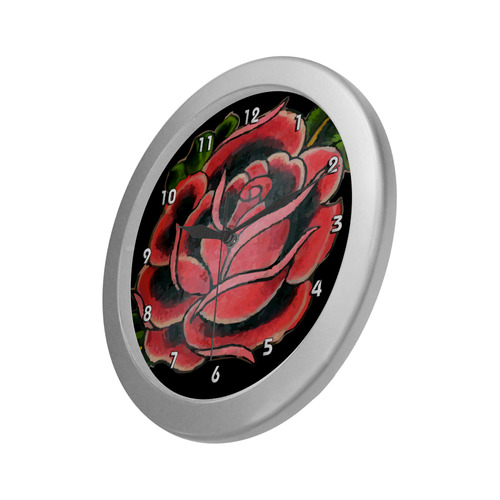 Rose Tattoo Vintage Floral Flower Art Silver Color Wall Clock