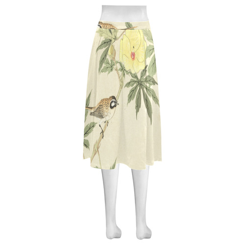 Bird with yellow flowers, oriental Woodcut Print Mnemosyne Women's Crepe Skirt (Model D16)