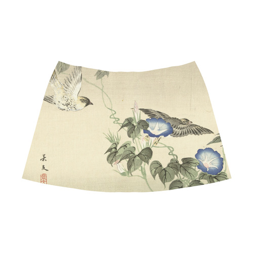 Oriental Birds and blue flowers, Japanese woodcut, Mnemosyne Women's Crepe Skirt (Model D16)