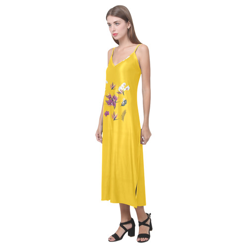 New artistic Dress in our Atelier : old-yellow and hand-drawn asia floral art 2016 V-Neck Open Fork Long Dress(Model D18)