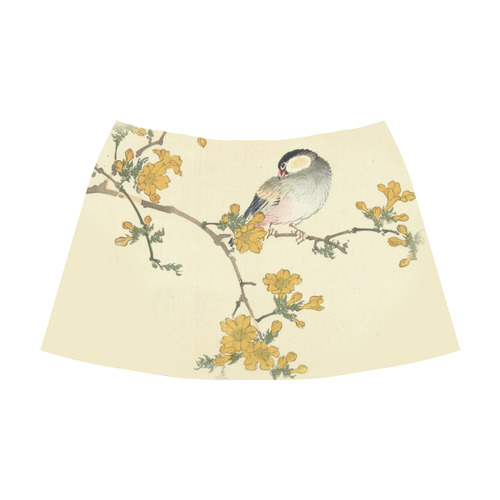 Bird in oriental pink flowers, Japanese woodcut, Mnemosyne Women's Crepe Skirt (Model D16)