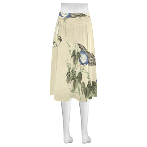 Oriental Birds and blue flowers, Japanese woodcut, Mnemosyne Women's Crepe Skirt (Model D16)