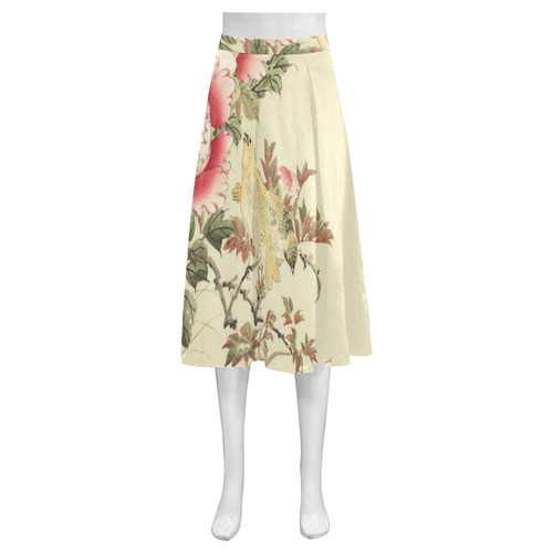 Peony flowers & Birds, japanese woodcut print, Mnemosyne Women's Crepe Skirt (Model D16)