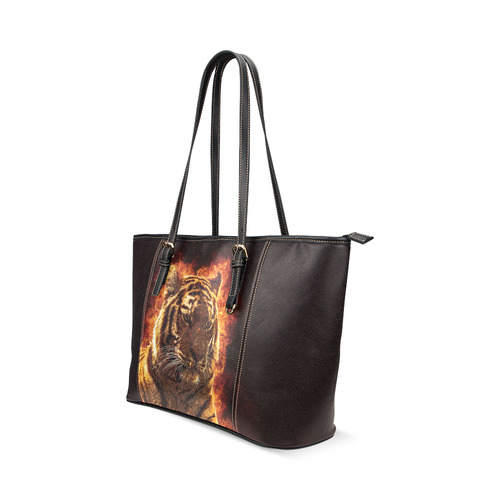 A magnificent tiger is surrounded by flames Leather Tote Bag/Large (Model 1640)