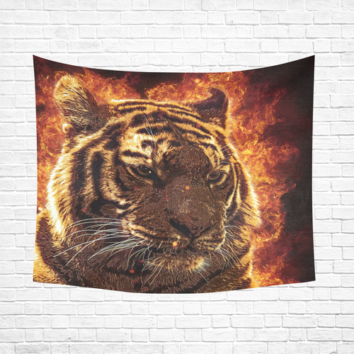 A magnificent tiger is surrounded by flames Cotton Linen Wall Tapestry 60"x 51"