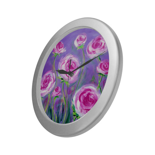 Pink Peonies Silver Color Wall Clock