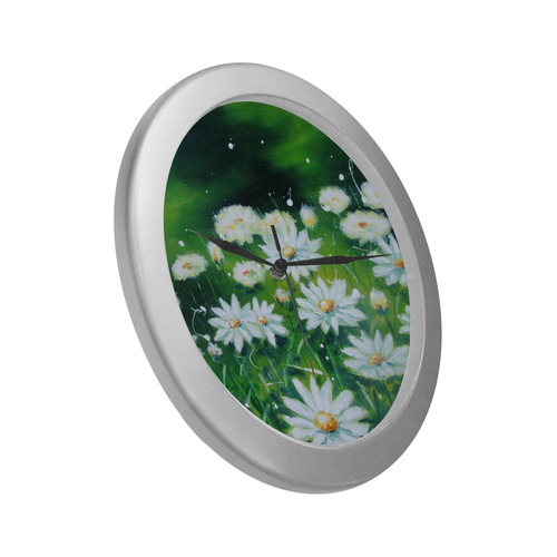 White Daisies Silver Color Wall Clock