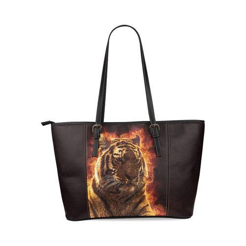 A magnificent tiger is surrounded by flames Leather Tote Bag/Small (Model 1640)