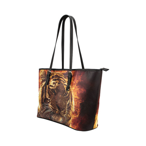 A magnificent tiger is surrounded by flames Leather Tote Bag/Large (Model 1651)