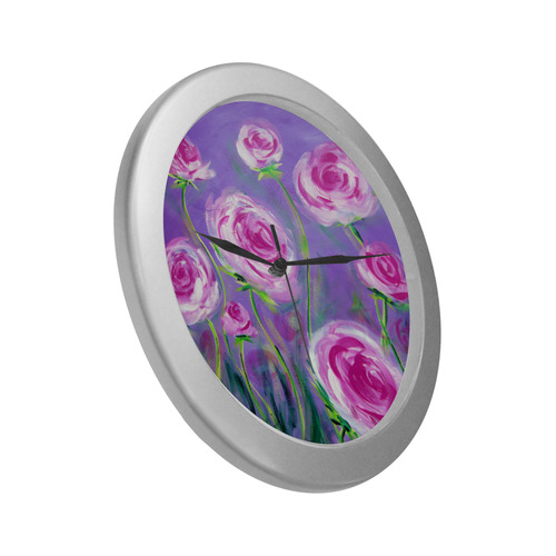 Pink Peonies Silver Color Wall Clock