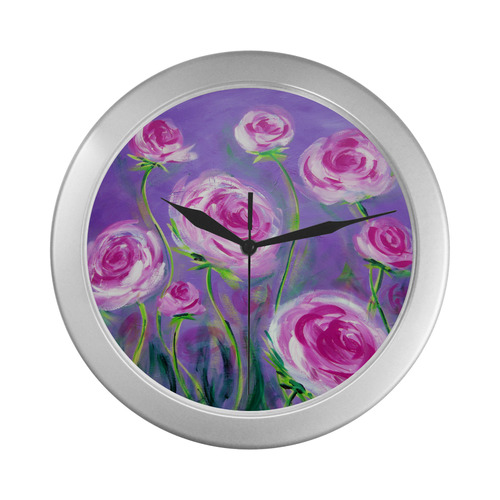 Pink Peonies Silver Color Wall Clock