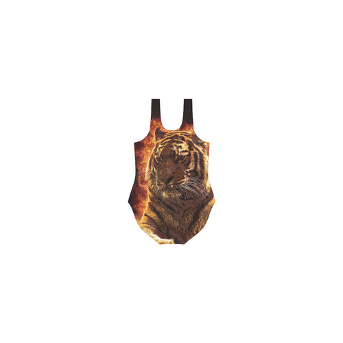 A magnificent tiger is surrounded by flames Vest One Piece Swimsuit (Model S04)