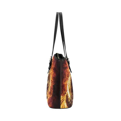 A magnificent tiger is surrounded by flames Leather Tote Bag/Large (Model 1651)