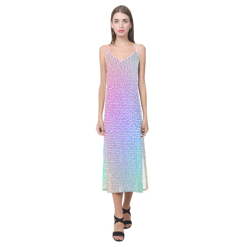 Rainbow Fine Art Grid V-Neck Open Fork Long Dress(Model D18)