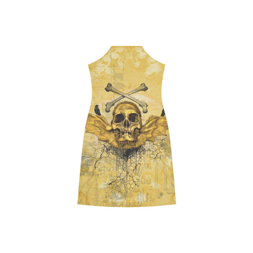 Awesome skull in golden colors V-Neck Open Fork Long Dress(Model D18)