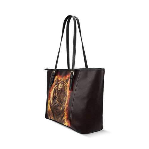 A magnificent tiger is surrounded by flames Leather Tote Bag/Small (Model 1640)