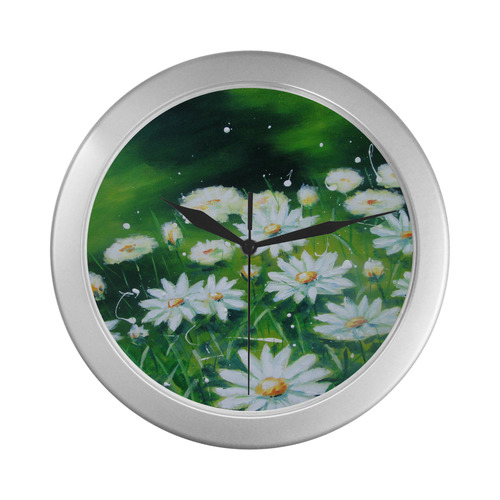 White Daisies Silver Color Wall Clock