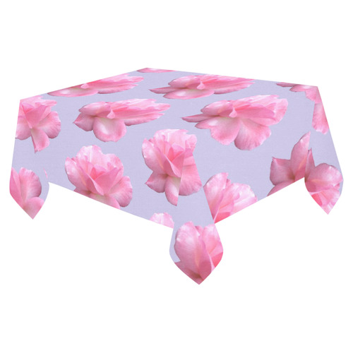 Pink Roses Pattern on Blue Cotton Linen Tablecloth 52"x 70"