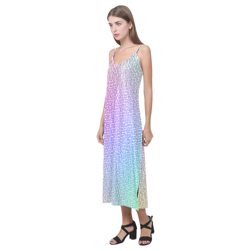 Rainbow Fine Art Grid V-Neck Open Fork Long Dress(Model D18)